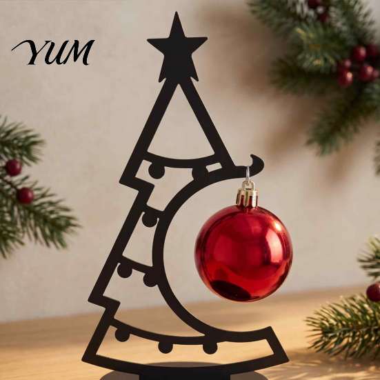 Small Metal Tree for Sideboard Christmas Table Decoration, Line Art Holiday Sculpture with Ritual Accessory Red Ball Ornament Xmas Party Desk, Shelf,