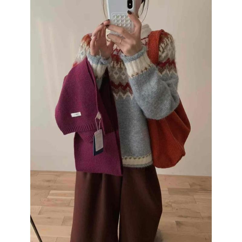 Vintage Heavy Industry Fair Island Christmas Knitted Pullover Women's Autumn and Winter Loose Lazy Wind Soft Waxy Knitted Sweater Top