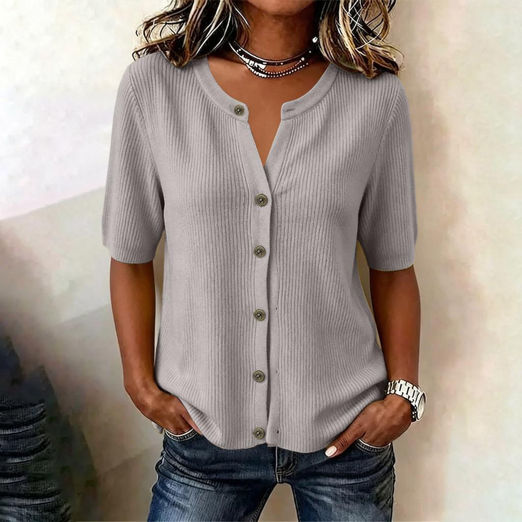 Women Ribbed Knit Short Sleeve Button Up Top V Neck Lightweight Casual Blouse Summer Wear Slim Fit Soft Fabric