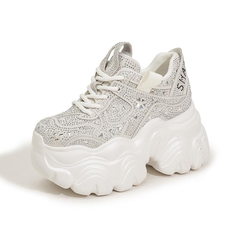 Fashion Shiny Rhinestone Chunky Platform Sneakers Trendy Bling Design, Ultra-Thick Sole Women’s Shoes for Street Fashion & Party Styling