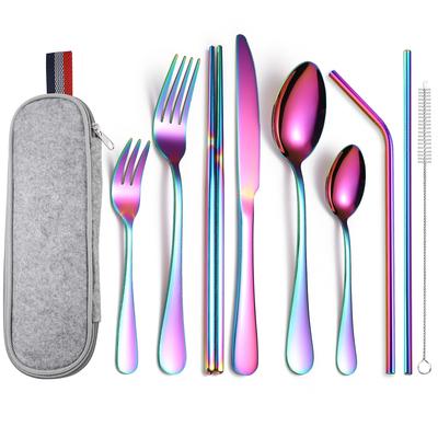 2026 Stainless Steel Portable Cutlery Set 9 Pcs Outdoor Camping Knives and Forks Spoons Chopsticks Straws