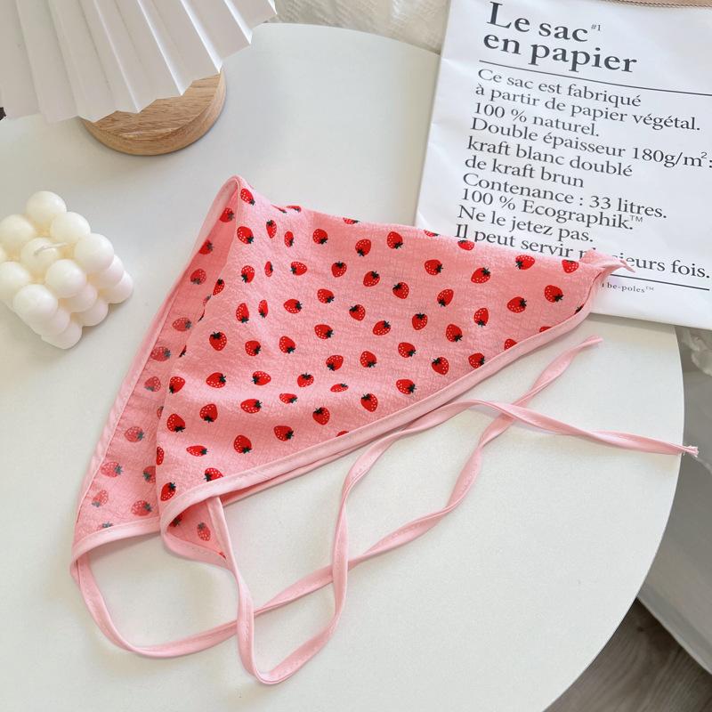 Floral Double-Layer Triangle Scarf Cotton Thin Strawberry Flower Print Hair Scarf Korean Sweet Fresh Literary Turban Accessories