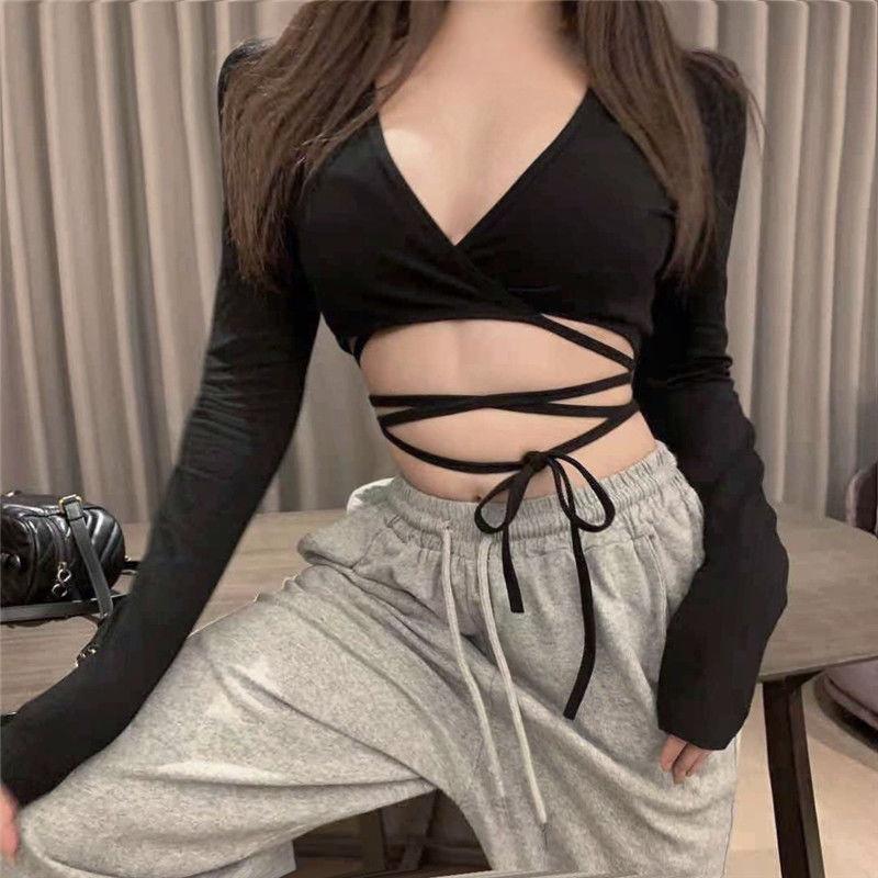 WTEMPO Spring Fall Ins Sexy Long Sleeve Shirts Women V-Neck Off Waist Strap Short Slim Tops Solid Color Casual Party Club Shirts