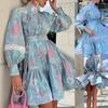 Sommerkleid Damen Lässig Elegant Temperament Hoher Hals Langarm Hohe Taille Mit Gürtel Großer Schwingender Bedrucktes Kleid