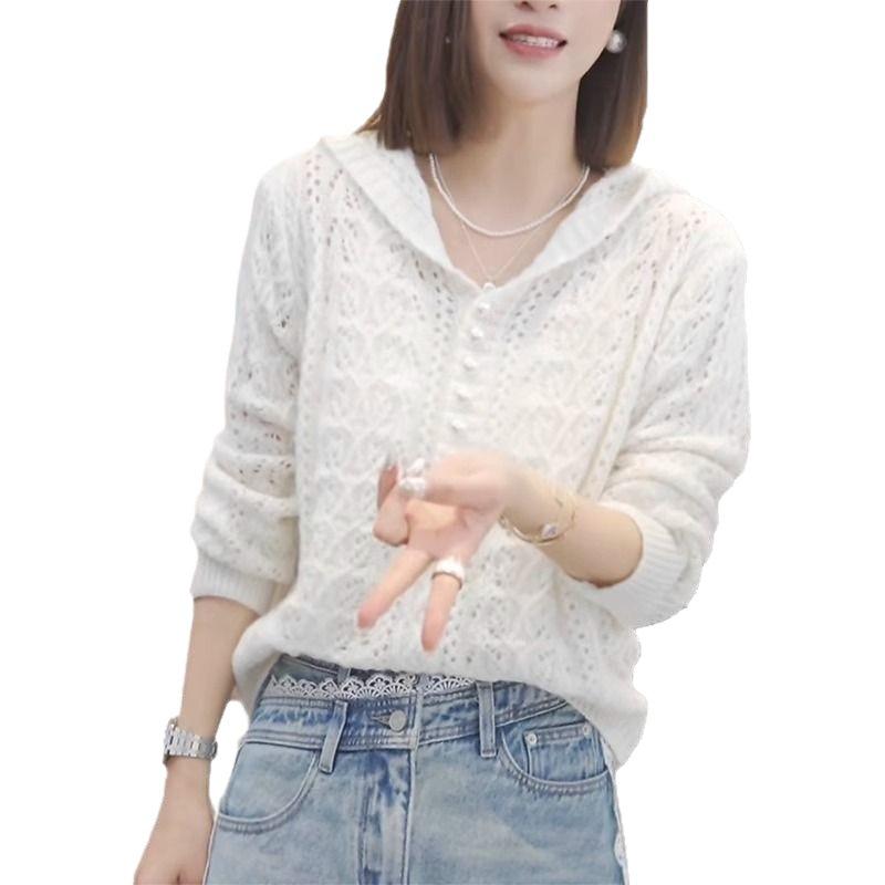 Women's Long Sleeved Shirt Hollow Hooded Knitted Sweater for Spring and Summer Women's Hollow Sweater