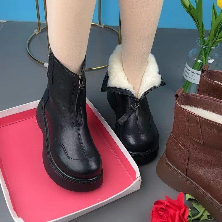 Front Zipper Martin Boots Women's Autumn and Winter Soft Leather Round Head Fleece Warm Thick Bottom Short Vintage Boots