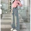 Trendiga jeans för flickor med vår- och höstbroderi, byxor med vida ben, lösa och lediga raka byxor