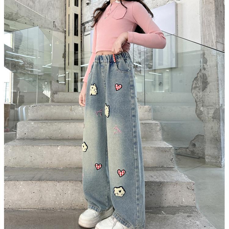 Trendiga jeans för flickor med vår- och höstbroderi, byxor med vida ben, lösa och lediga raka byxor