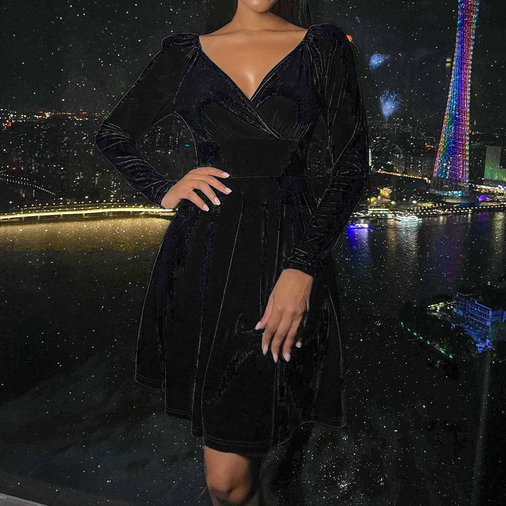 Dámská móda A Zimní Sexy Sametové Šaty s Výstřihem do V Malé Šaty