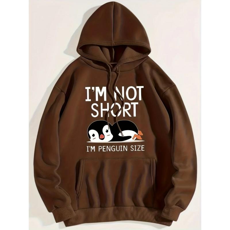 Cute Penguin Print Hoodie Loose Fit Long Sleeve Pullover Sweatshirt Men Casual Wear