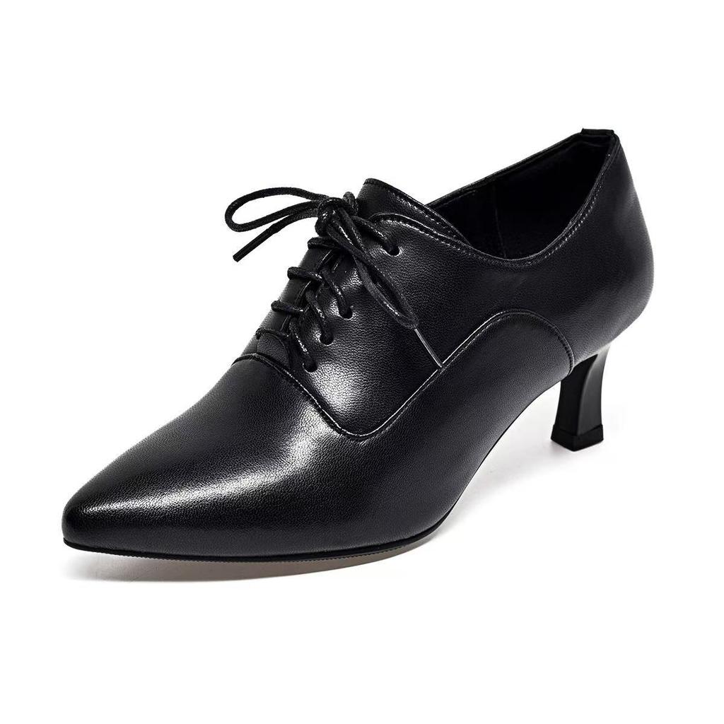 Pointed deep mouth single shoes women's autumn new lace-up stiletto women's shoes temperament sheepskin high heels