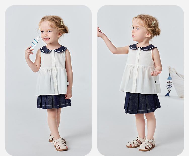 [Pure Cotton] Mini Balabala Girls' Short Sleeve Shirt Cute Sea Style Collar Top 2026 Summer