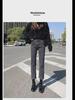 Women's High Waist Elastic Slim Fit Black & Gray Cigarette Jeans - Autumn/Winter Style with Raw Edge and Loose Fit In Small Size
