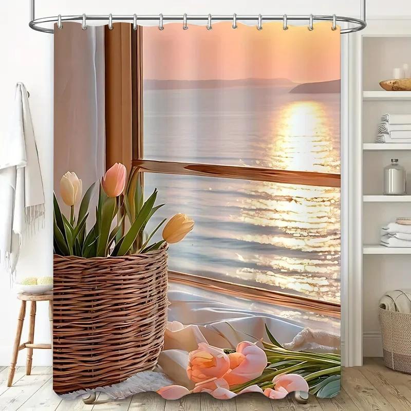 

Elegant Sunset Window Shower Curtain Nature Inspired Home Modern Art Design Waterproof Polyester Eco-Friendly Fabric W90xH180cm