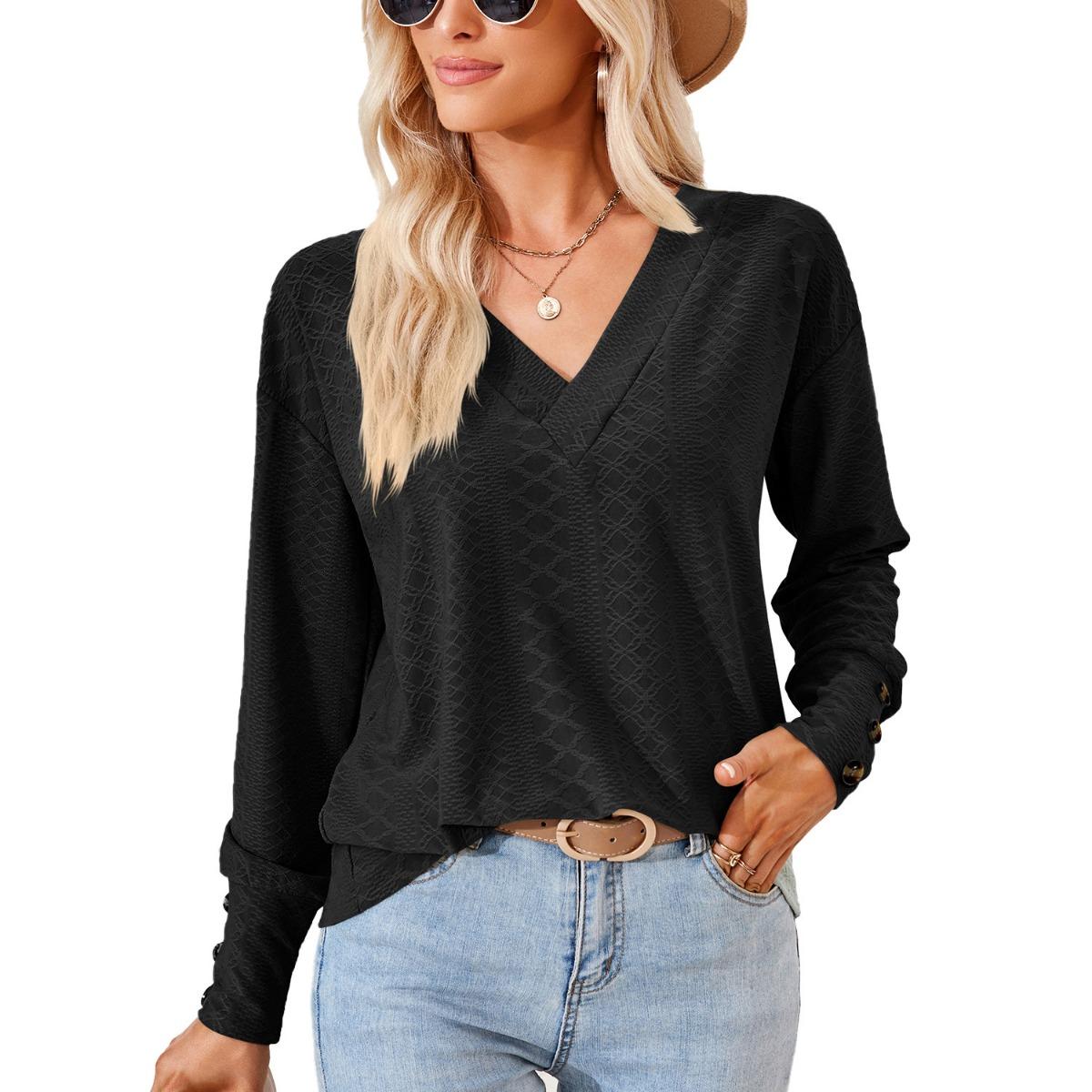 

Women s Solid Color V-neck Jacquard Button Loose T-shirt Top, Autumn Winter New Casual Top for Cross-border Europe USA S чёрный