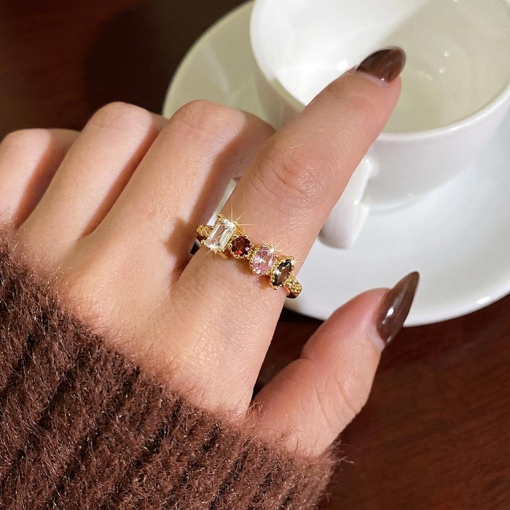 Minimalist Geometric Multicolor Cubic Zirconia Copper Ring for Women Modern Rainbow Stackable Statement Finger Jewelry