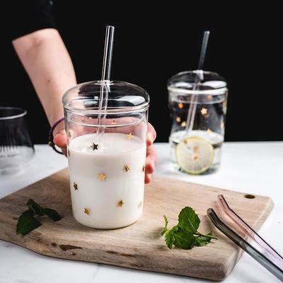 Hitzebeständige Glas-Büro-Teetasse, kreative transparente Kaffeetasse mit Deckel und Strohhalm, Haushaltsmilch-Saft-Tasse, Reise-Trinkgeschirr