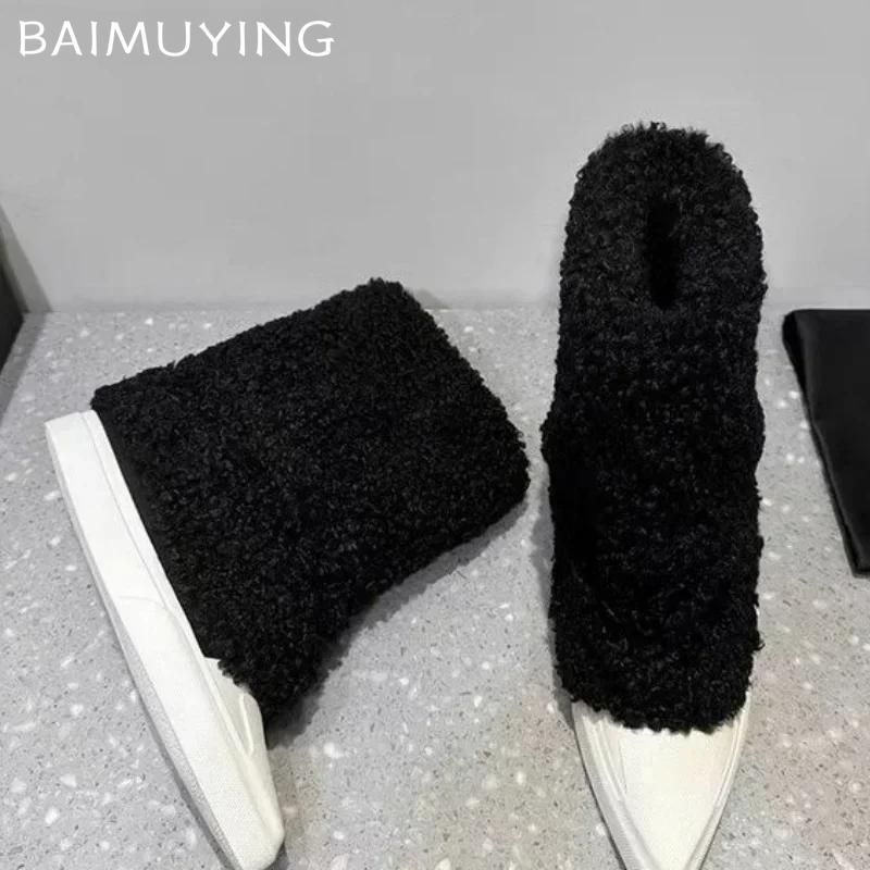 Fur Snow Ankle Boots Women Pointed Toe Flats Designer Warm Shoes Woman 2024 Trend Winter Sneakers Plush Mototrcycle Botas Mujer
