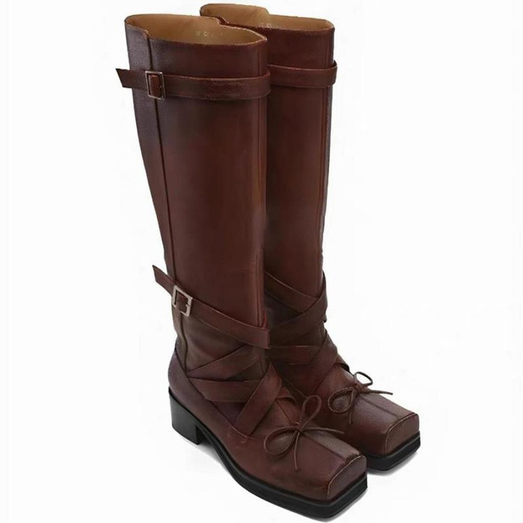 Sheepskin Version~ New Korean Version Versatile Thick Heel Thin Boots Women's Head Bow High Boots Belt Buckle Knight Boots