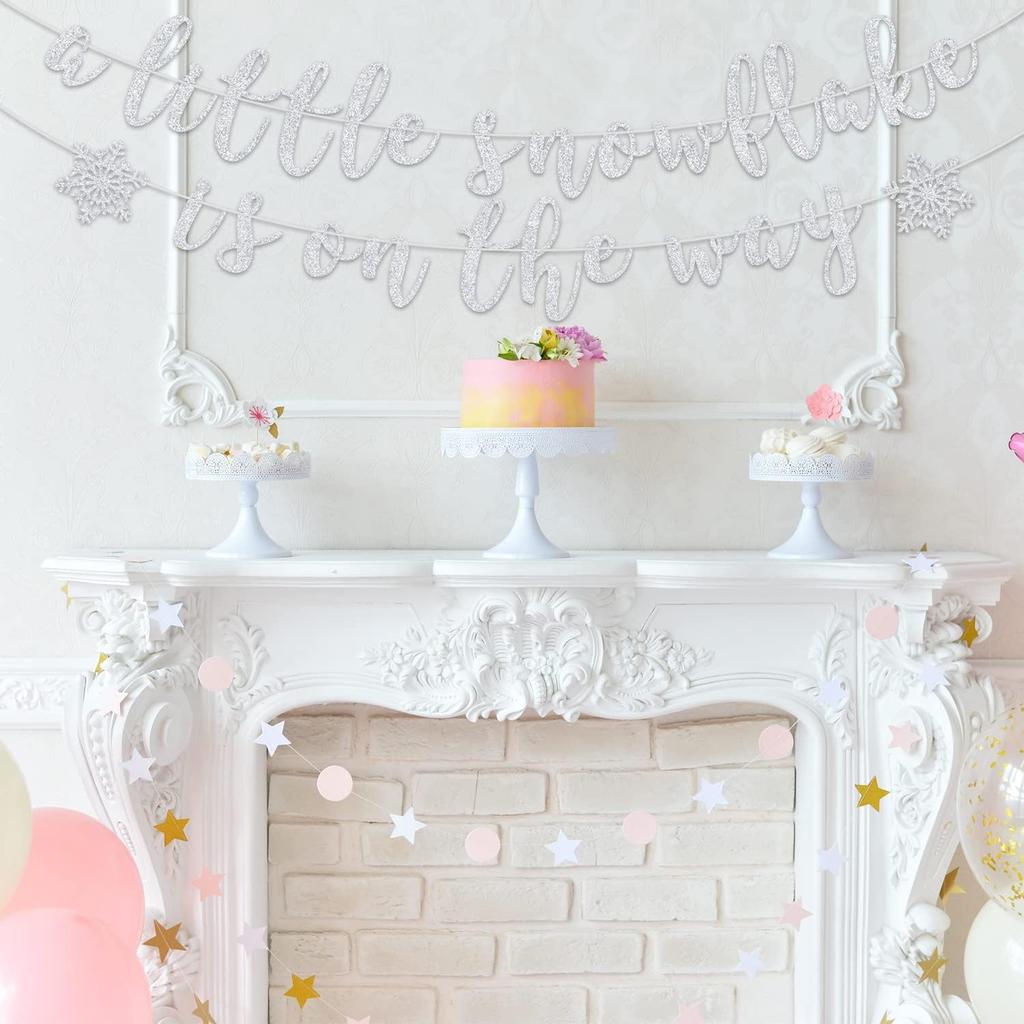 A Little Snowflake is on The Way Banner, Winter Wonderland Themed Baby Shower Party Decorations, Winter Gender Reveal Decor Silver Glitter