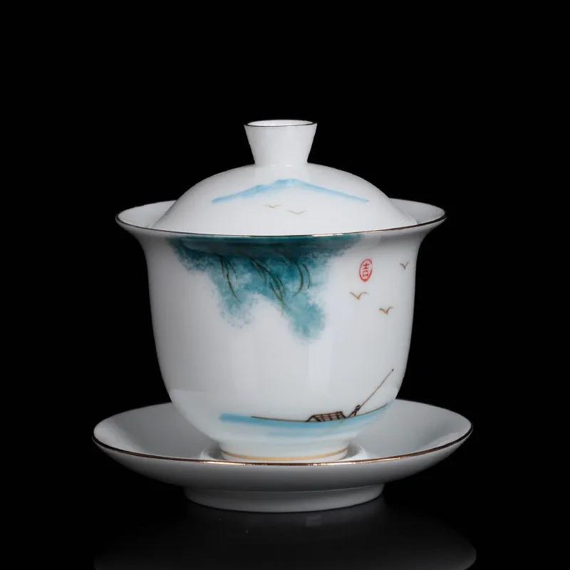 High Quality White Porcelain Gaiwan Portable Ceramic Tea Set Chinese Hand Painted Tea Bowl Tea Ceremony Accessories 170ml