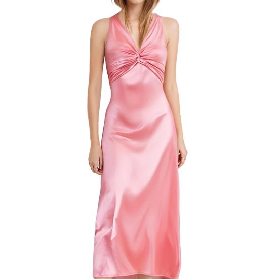 Women s Satin Maxi Prom Dress, V Neck Formal Wedding Guest Cocktail Dress, Sleeveless Twist Front Evening Party Gown S розовый