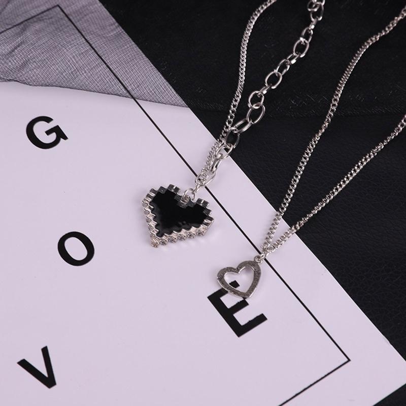 Korean Fashion Black Love Pixel Peach Heart Double Layer Womens Necklace For Fine Female Pendant Necklaces Party Jewelry