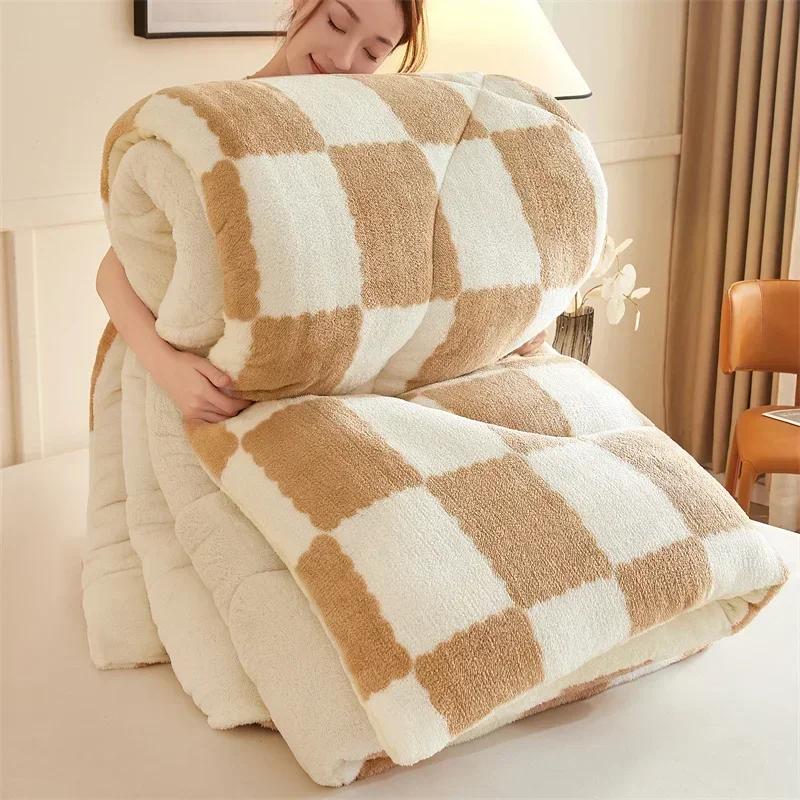 Checkerboard Super Thick Warm Winter Blankets Soft Artificial Lamb Cashmere Weighted Blanket Fluffy Warmth Duvet Comforter Quilt