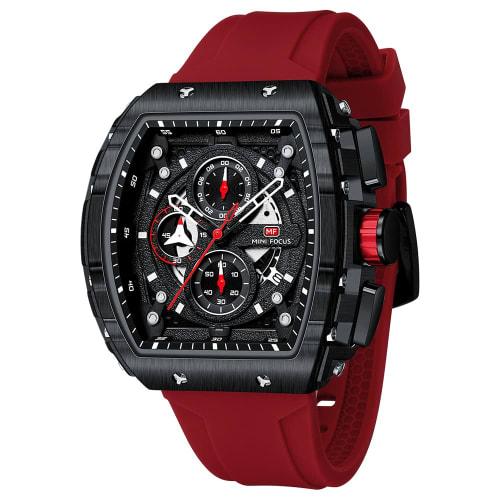 

Mini Focus Men s Fashion Sports Watch (Chronograph/Waterproof/Luminous/Calendar) with Silicone Strap, Quartz Movement, Red/Black, Classic Style