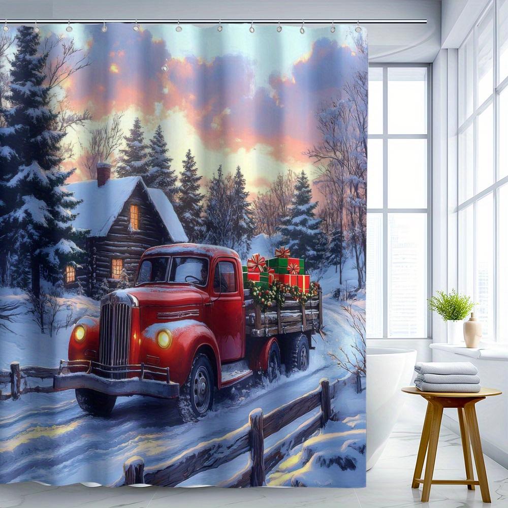 

Vintage Red Truck Shower Curtain - Snowy Cabin, Christmas Tree & Holiday Scene For Cozy Bathroom Decor W60H190(CM)-1 Pcs