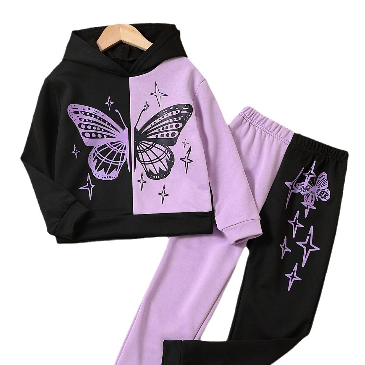 Girls Cute Butterfly Long Sleeve Hooded Sweatshirt Set, Spring Autumn Two-Piece Pullover 130cm чёрный