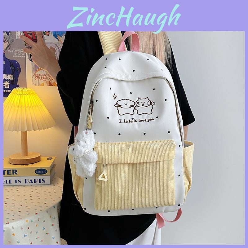 Soft Girl Dot Pattern Nylon Backpack With Cartoon Puppy And Polka Dot Print Designfor Teens And Adults