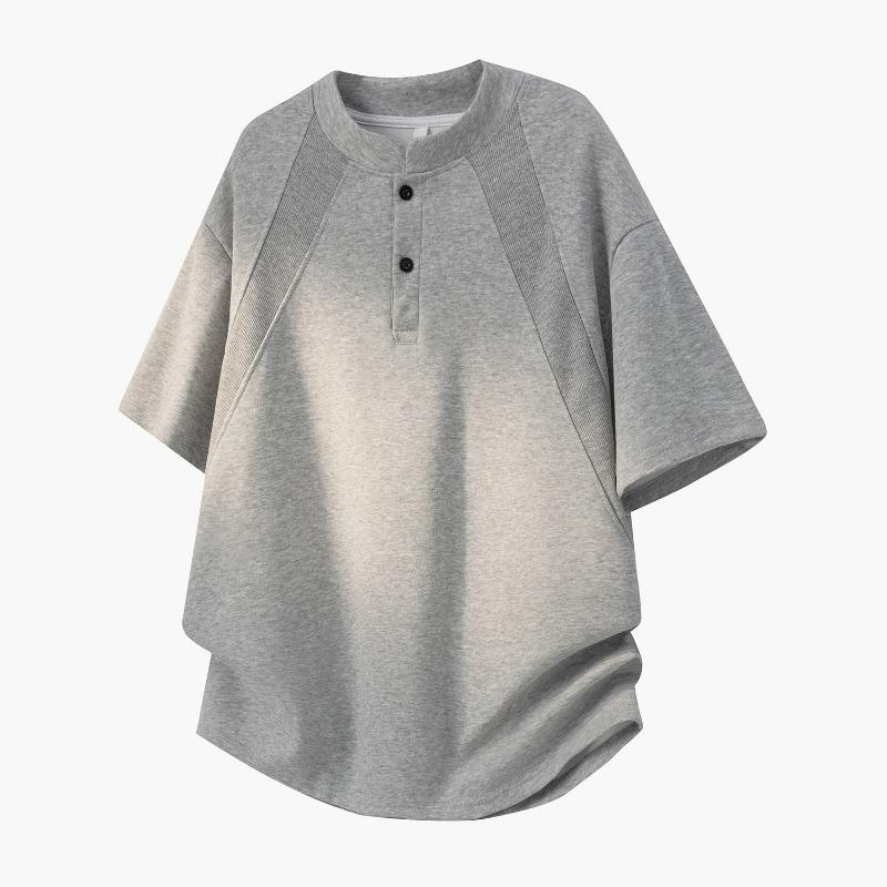 Men Mandarin Collar Henley Short Sleeve T Shirt Casual Loose Fit Summer Top