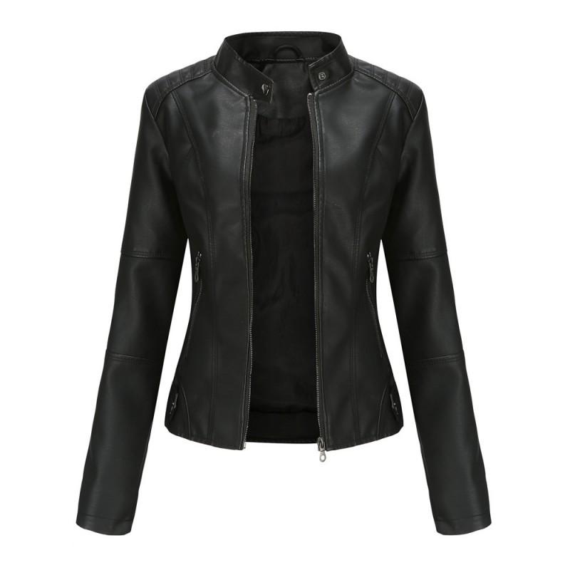 Womens Slim Fit PU Leather Jacket Stand Collar Biker Style Lightweight Coat