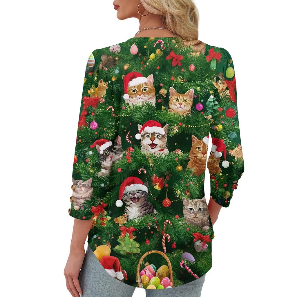 Women's Fashionable Casual Christmas Printed V-neck Top