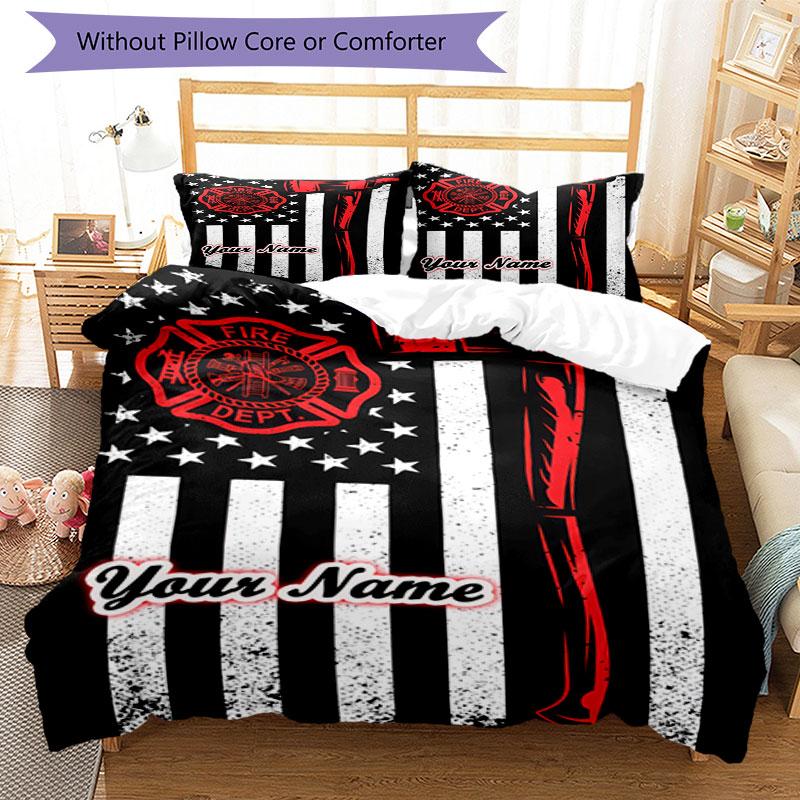 3PC Custom Name Firefighter Pride Flag Bedding Set Duvet Cover Closure Includes 1 Duvet Cover & 2 Pillowcases for Bedroom