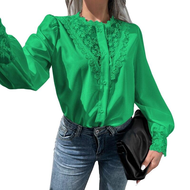 Vintage Embroidered Elegant Lace Blouse Women Lantern Sleeve Single-breasted Shirts For Women Fashion Casual Loose Tops 26218