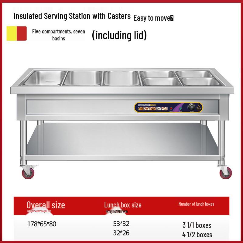 Stainless Steel Mobile Food Warming Table with Casters - Insulated Hot Dish Serving Cart