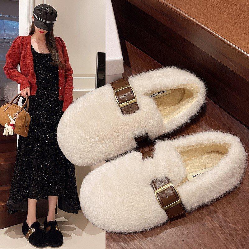 Wear French Fluff 2025 New Velvet Cotton Shoes Single Shoes Doudou Autumn and Winter Fluffy Shoes Female Mary Jane One Pedal