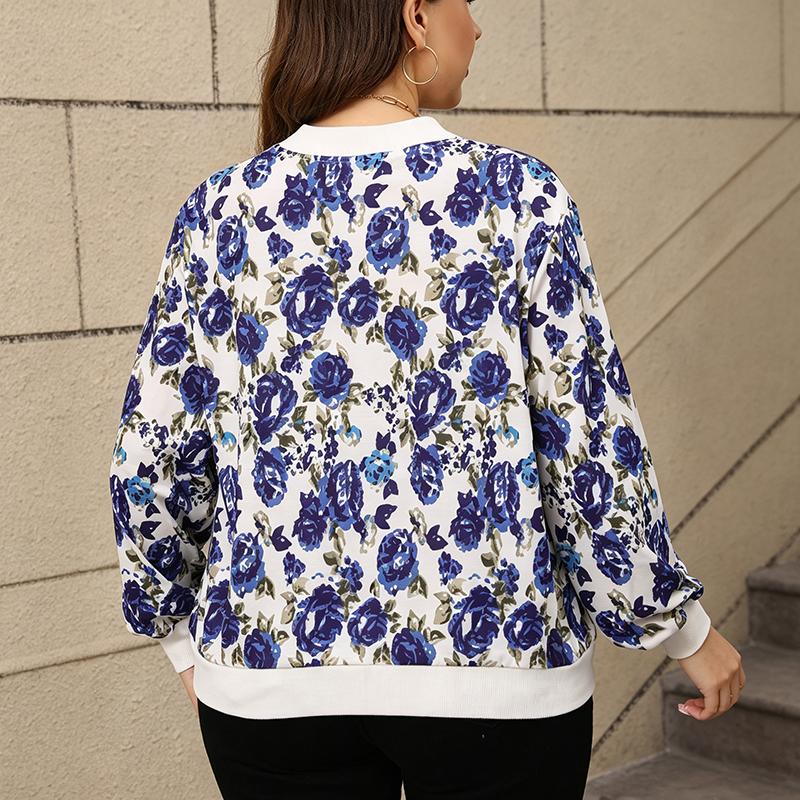 Women Spring Autumn Long Sleeve Floral Bomber Jacket Full Zip Stand Collar Cardigan Coat