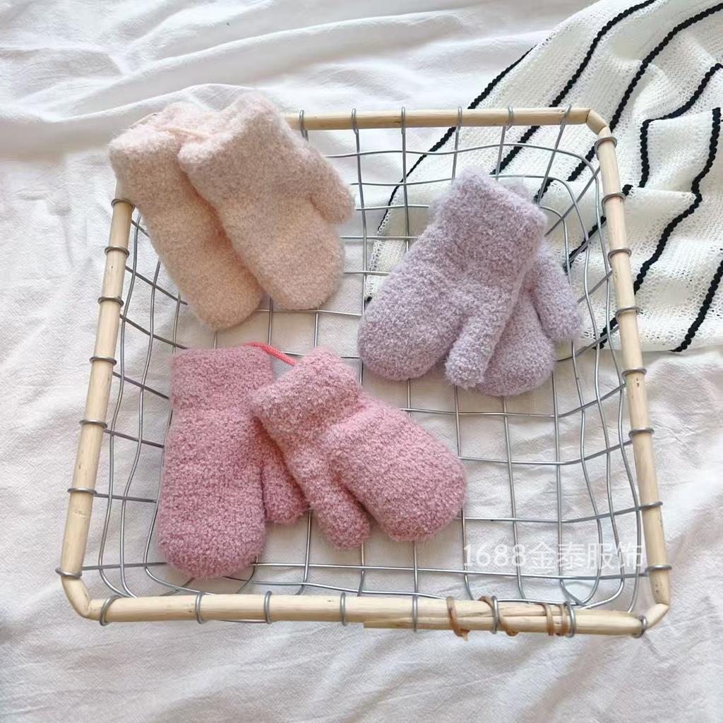 Baby Gloves Ins Soft Glutinous Waxy~ Korean Simple Solid Color Plush Baby Winter Thickened Warm Neck Bag Finger