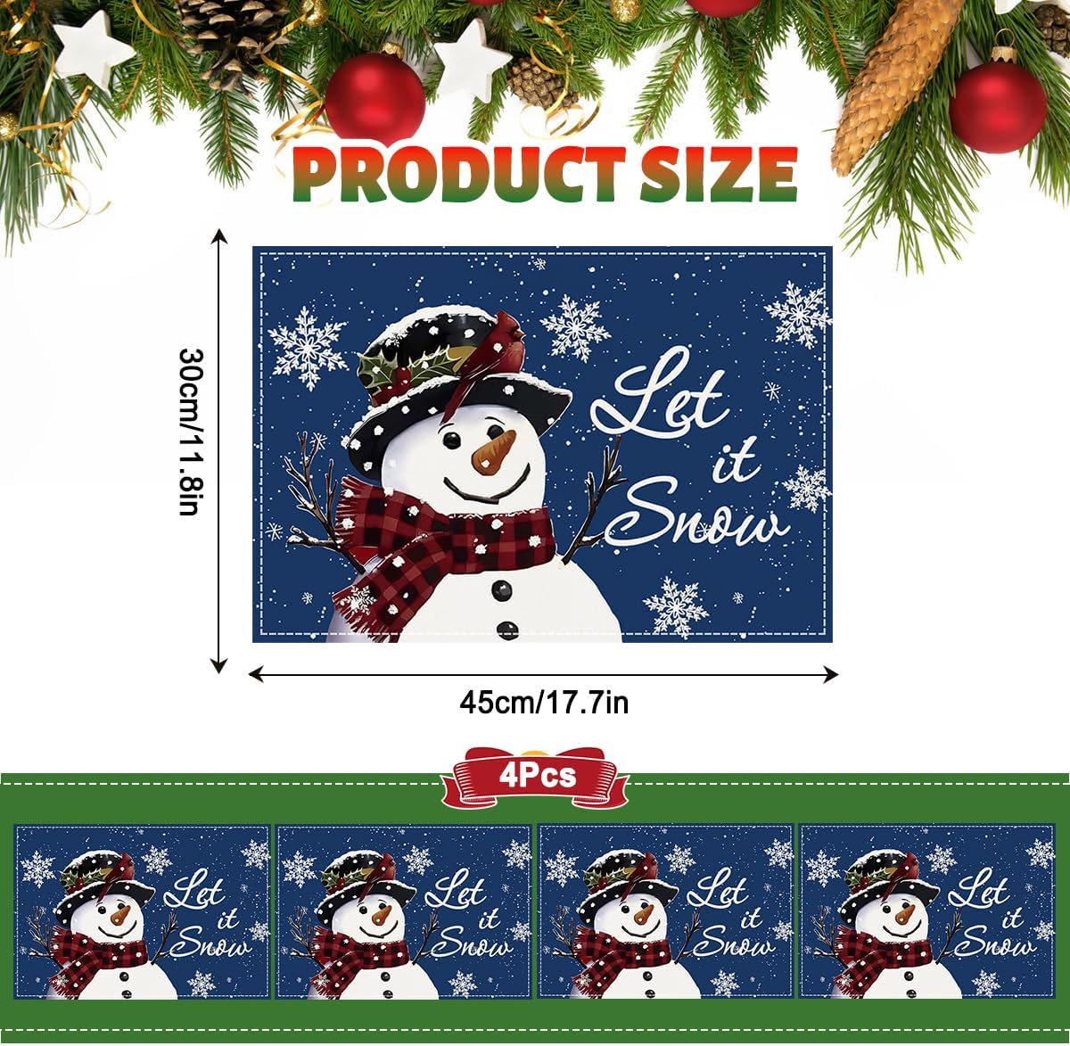 

Christmas Placemats Set of 4 12x18 Inch Blue Snowman Let It Snow Winter Christmas Table Mats for Party Kitchen Dining Decoration 4pcs