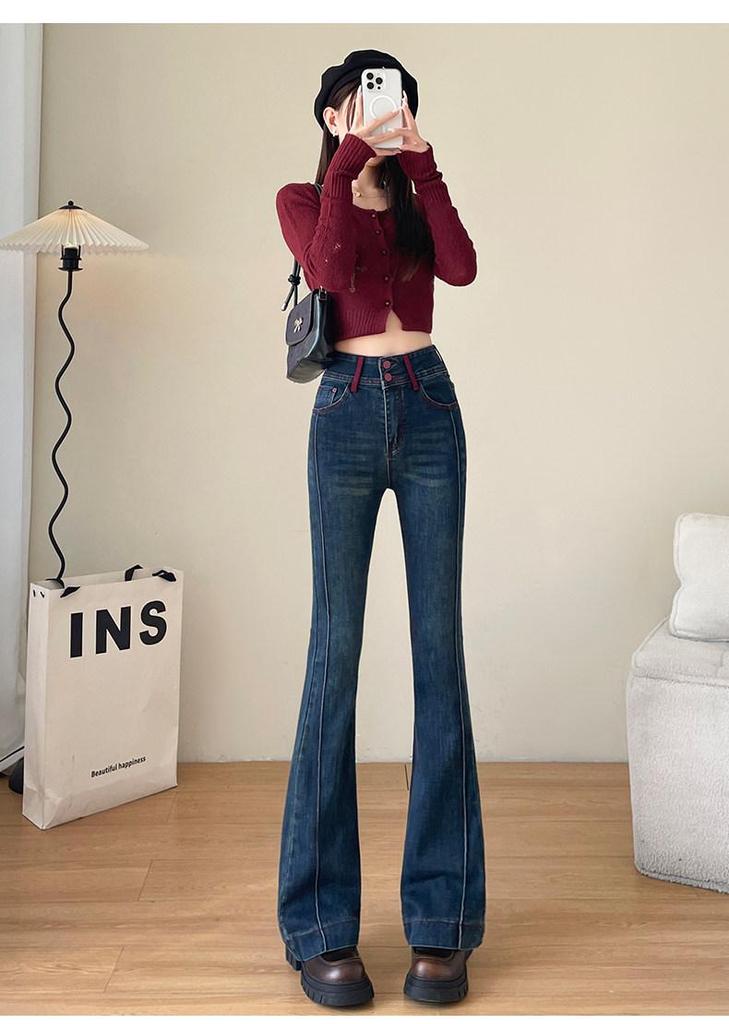 Women's Retro Color Block Skinny Flare Jeans - Spring 2026 Petite Elastic Bootcut Pants