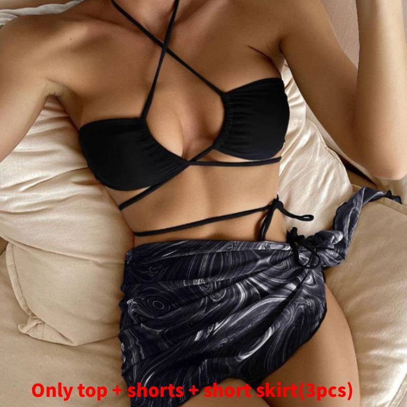 Swimwear Bikini Set For Women With Drawstring Short Skirt And Mesh Threepiece Suit For Water Sports