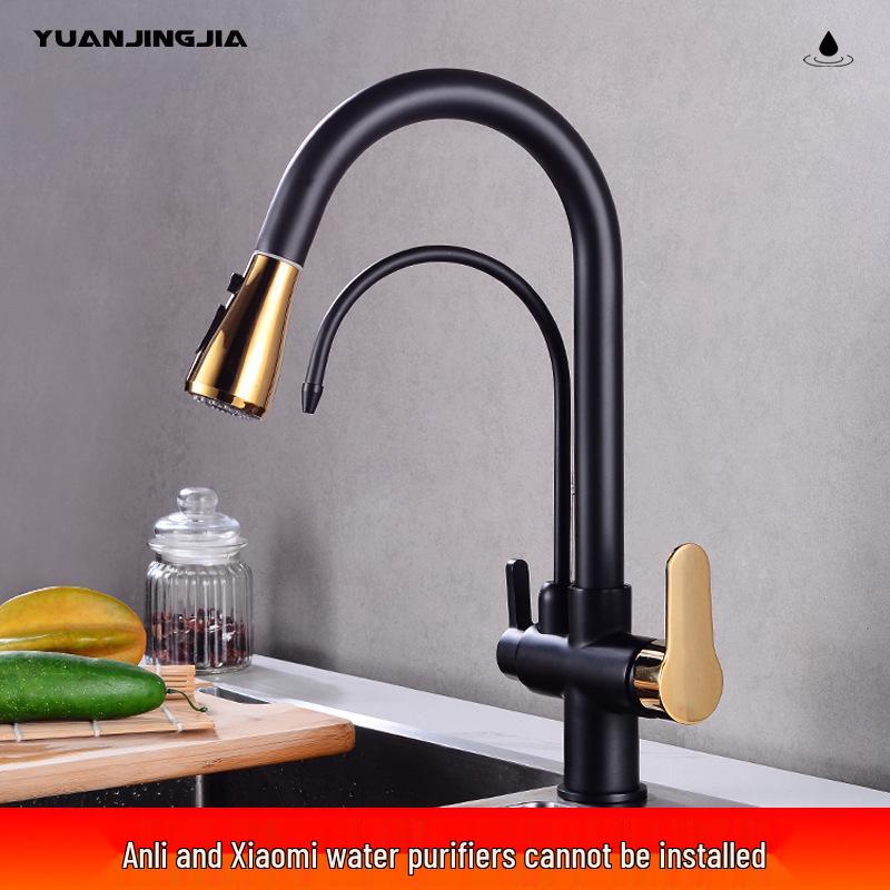 Antique Brass 3-in-1 Direct Drinking Faucet with Pull-out for Purified Water, Kitchen Sink & Vegetable Washing, Hot & Cold Adjustments.
