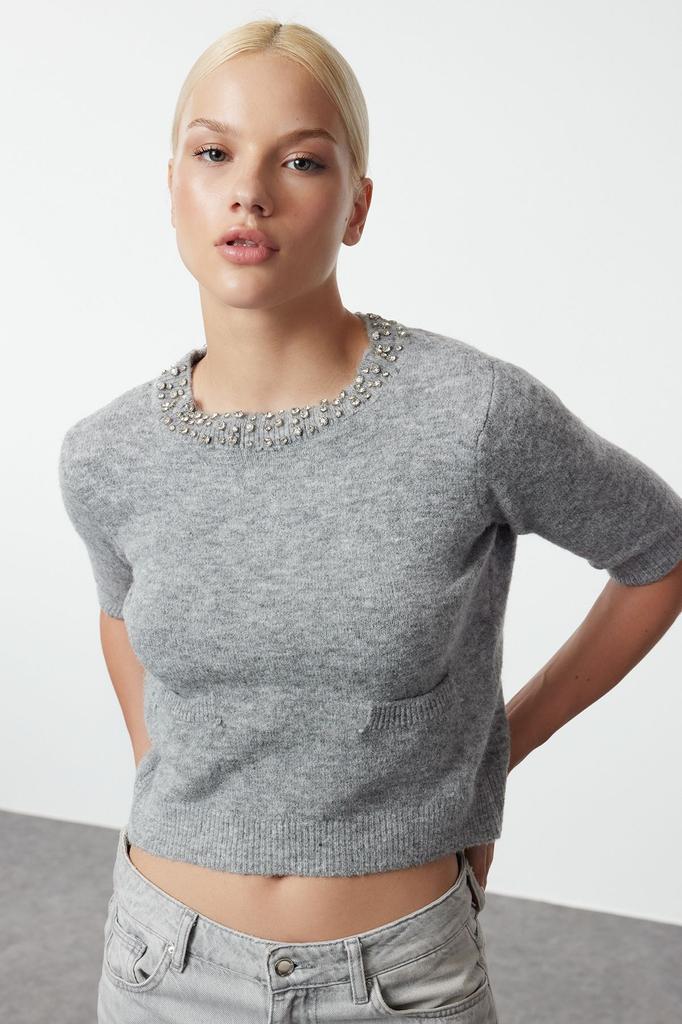 Women's Fashionable Stylish Sweater Gray Woolen Collar Stone Embroidered Knitwear Sweater