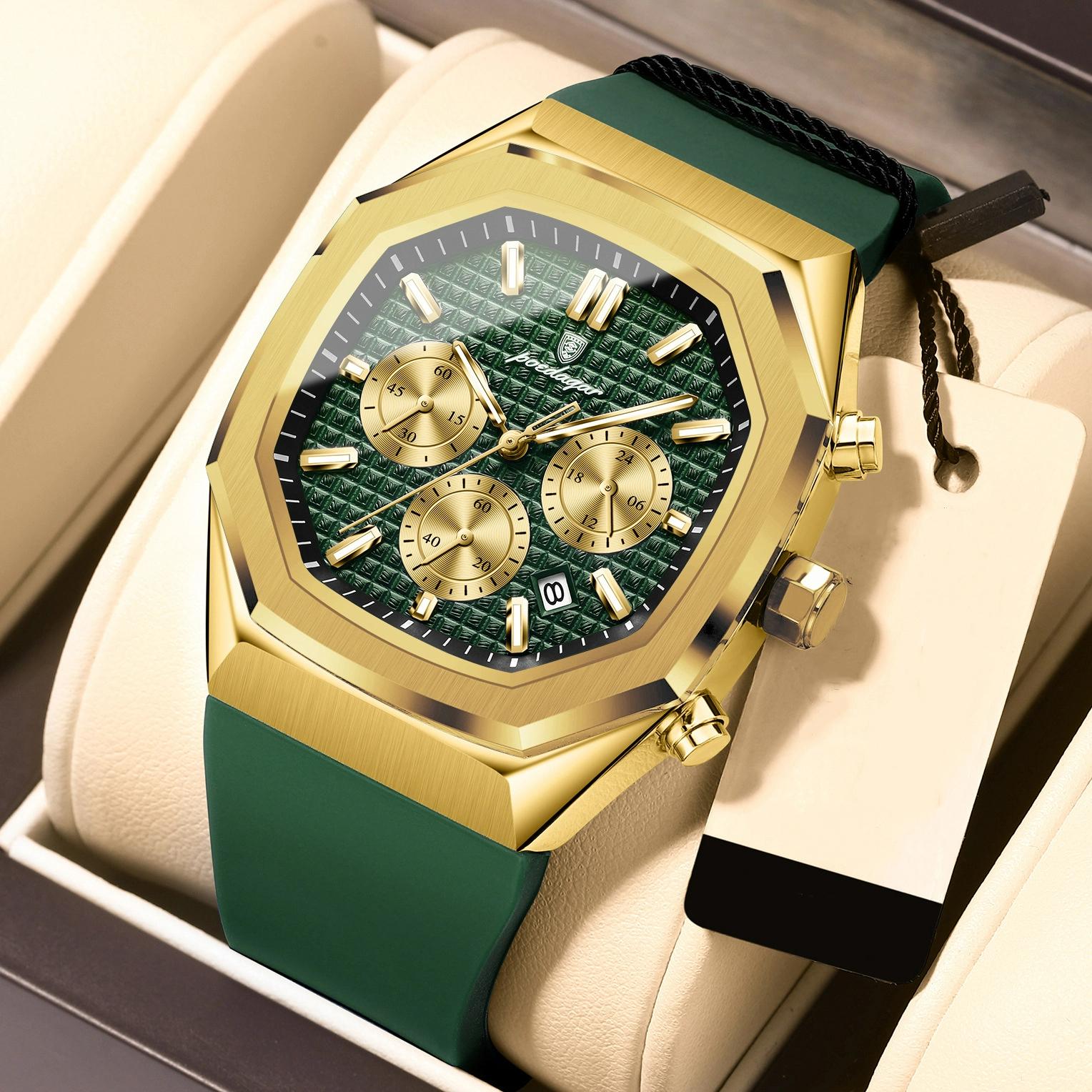 

POEDAGAR Модные мужские часы Хронограф Дата Силиконовый ремешок Мужские наручные часы Водонепроницаемые Светящиеся Кварцевые часы для мужчин золотой/зелёный