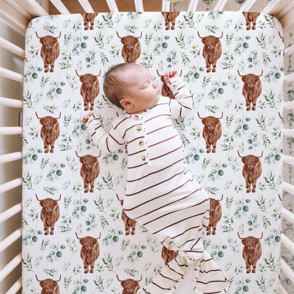 HawSkgFub Highland Cow Eucalyptus Leaf Fitted Standard Crib Sheet for Baby Boy Girl, Neutral Western Farm Animal Yak Toddler Mattress Cover, Soft
