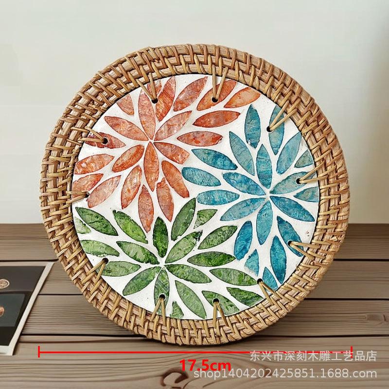 17cm Vietnamese Handwoven Rattan Mat, Round Natural Table Pad for Hot Cups, Boho Kitchen Desktop Decor