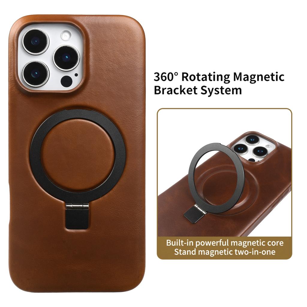 Stand Bracket Genuine Leather Case For iphone 16 Pro Max 16e 15pro 14 13 12 11 Full Wrapped Phone Cases Cover+Magnetic Holder